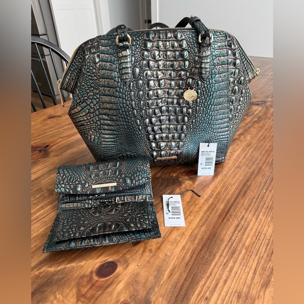 Brahmin Teal Croc-Embossed Leather Satchel with Matching Wallet